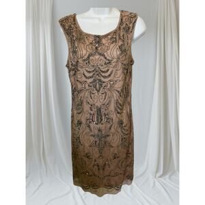 Adrianna Papell Tan Hand-Beaded Sequined Mesh Dress Size 12